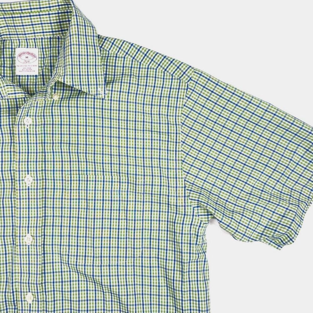 Brooks Brothers 346 Men's Medium Green Blue Plaid Short Sleeve Shirt